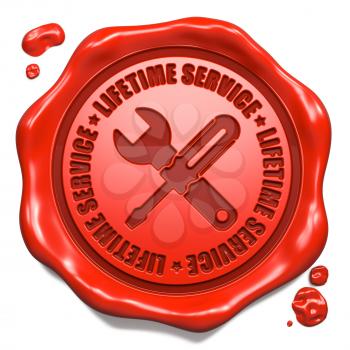 Lifetime Service Slogan with Icon of Crossed Screwdriver and Wrench - Stamp on Red Wax Seal Isolated on White. Business Concept.