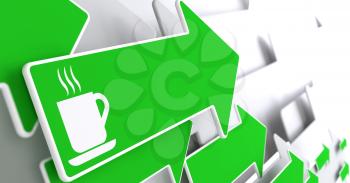 Cup of Coffee Icon on Green Arrow on a Grey Background.