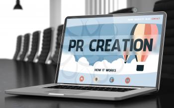 PR Creation. Closeup Landing Page on Laptop Screen. Modern Meeting Room Background. Blurred. Toned Image. 3D.