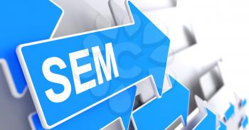 SEM - Search Engine Marketing, Message on Blue Pointer. SEM - Search Engine Marketing - Blue Arrow with a Message Indicates the Direction of Movement. 3D Render.