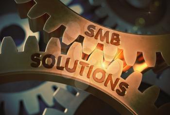 SMB Solutions - Concept. SMB Solutions on Mechanism of Golden Metallic Cogwheels with Glow Effect. 3D Rendering.
