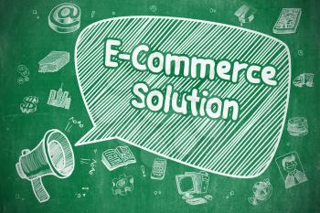 Shouting Loudspeaker with Phrase E-Commerce Solution on Speech Bubble. Hand Drawn Illustration. Business Concept. 