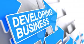 Developing Business - Blue Pointer with a Inscription Indicates the Direction of Movement. Developing Business, Message on the Blue Arrow. 3D.