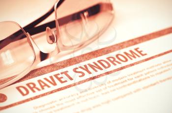 Diagnosis - Dravet Syndrome. Medical Concept on Red Background with Blurred Text and Eyeglasses. Selective Focus. 3D Rendering.