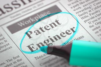 Newspaper with Jobs Patent Engineer. Blurred Image with Selective focus. Hiring Concept. 3D Illustration.