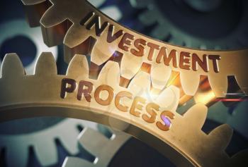 Investment Process on Mechanism of Golden Gears with Glow Effect. Investment Process - Industrial Illustration with Glow Effect and Lens Flare. 3D Rendering.