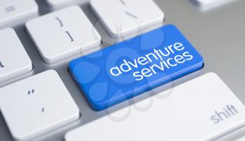 Close Up of Adventure Services Keyboard Blue Key. High Quality Render of a Aluminum Keyboard Keypad. The Button is Blue in Color and there is Caption Adventure Services on It. 3D Illustration.