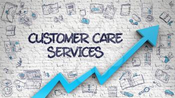 Customer Care Services - Improvement Concept with Hand Drawn Icons Around on the Brick Wall Background. Customer Care Services Drawn on White Brick Wall. Illustration with Hand Drawn Icons. 3d.