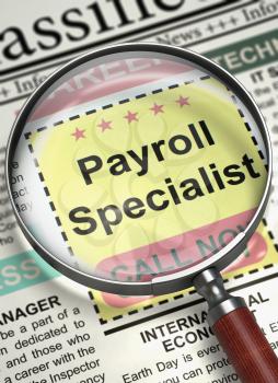 Payroll Specialist - Small Advertising in Newspaper. Newspaper with Searching Job Payroll Specialist. Job Search Concept. Selective focus. 3D Render.