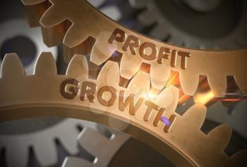 Profit Growth - Technical Design. Golden Metallic Cogwheels with Profit Growth Concept. 3D Rendering.