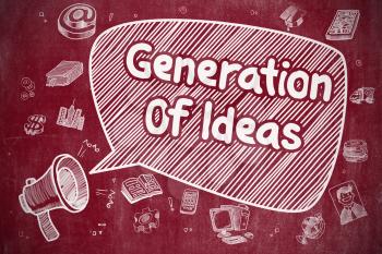 Speech Bubble with Wording Generation Of Ideas Doodle. Illustration on Red Chalkboard. Advertising Concept. 