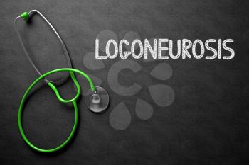 Medical Concept: Logoneurosis -  Black Chalkboard with Hand Drawn Text and Green Stethoscope. Top View. Medical Concept: Logoneurosis - Medical Concept on Black Chalkboard. 3D Rendering.