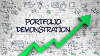 Portfolio Demonstration - Improvement Concept with Doodle Icons Around on White Brickwall Background. Portfolio Demonstration Drawn on White Wall. Illustration with Hand Drawn Icons. 3d.