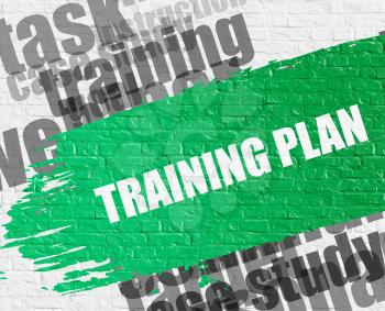 Business Education Concept: Training Plan - on the White Brickwall with Wordcloud Around. Modern Illustration. Training Plan. Green Message on the White Brick Wall. 