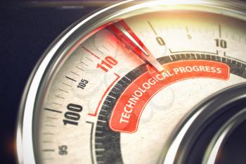 Technological Progress Rate Conceptual Rev Counter with Text on Red Label. Business or Marketing Concept. 3D.