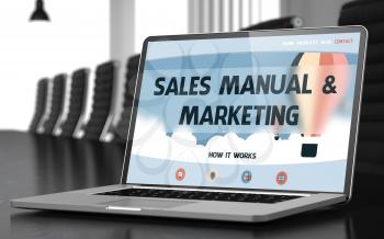 Sales Manual and Marketing. Closeup Landing Page on Mobile Computer Display. Modern Conference Hall Background. Toned. Blurred Image. 3D Rendering.