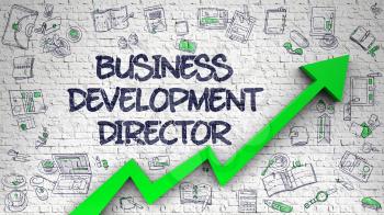 Business Development Director Drawn on Brick Wall. Illustration with Hand Drawn Icons. Business Development Director - Success Concept with Doodle Design Icons Around on the White Wall Background. 3d.