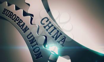 China European Union on Mechanism of Shiny Metal Cogwheels. Communication Concept in Technical Design. China European Union - Illustration with Lens Effect. 3D.