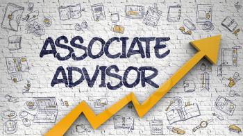 Associate Advisor - Success Concept with Doodle Design Icons Around on Brick Wall Background. Associate Advisor - Modern Style Illustration with Hand Drawn Elements. 3d.