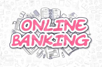 Online Banking - Hand Drawn Business Illustration with Business Doodles. Magenta Inscription - Online Banking - Doodle Business Concept. 