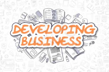 Business Illustration of Developing Business. Doodle Orange Word Hand Drawn Cartoon Design Elements. Developing Business Concept. 
