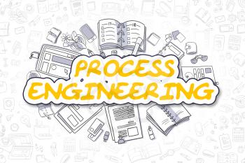 Business Illustration of Process Engineering. Doodle Yellow Word Hand Drawn Doodle Design Elements. Process Engineering Concept. 