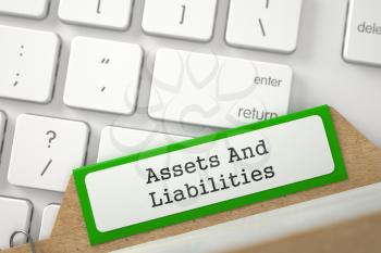 Assets And Liabilities. Green Card File Lays on Modern Metallic Keyboard. Archive Concept. Closeup View. Blurred Image. 3D Rendering.