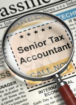 Senior Tax Accountant - Classified Ad in Newspaper. Newspaper with Jobs Section Vacancy Senior Tax Accountant. Hiring Concept. Blurred Image. 3D.