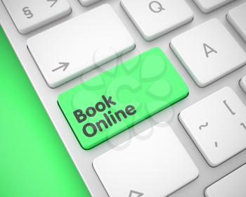 Online Service Concept: Book Online on the Laptop Keyboard Background. Modern Laptop Keyboard Key Showing the MessageBook Online. Message on Keyboard Green Key. 3D Render.