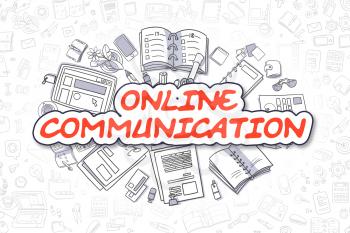 Online Communication Doodle Illustration of Red Word and Stationery Surrounded by Cartoon Icons. Business Concept for Web Banners and Printed Materials. 