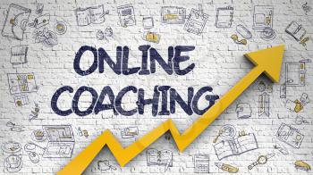 Online Coaching Inscription on Modern Illustation. with Orange Arrow and Doodle Design Icons Around. Online Coaching - Improvement Concept on White Brick Wall Background. 3d.