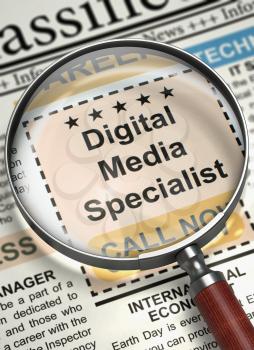 Digital Media Specialist - Close View Of A Classifieds Through Magnifier. Newspaper with Small Advertising Digital Media Specialist. Job Seeking Concept. Blurred Image. 3D Render.