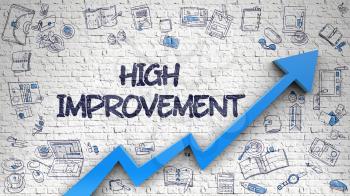 High Improvement Inscription on the Line Style Illustation. with Blue Arrow and Doodle Icons Around. White Wall with High Improvement Inscription and Blue Arrow. Business Concept. 3d.