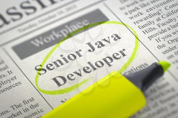 Senior Java Developer - Advertisements and Classifieds Ads for Vacancy in Newspaper, Circled with a Yellow Marker. Blurred Image. Selective focus. Hiring Concept. 3D Rendering.