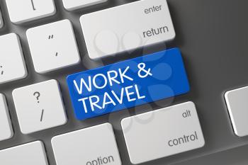 Modern Keyboard with Work and Travel on Blue Enter Button Background, Selected Focus. 3D.