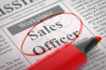 Sales Officer. Newspaper with the Advertisements and Classifieds Ads for Vacancy, Circled with a Red Marker. Blurred Image. Selective focus. Concept of Recruitment. 3D.