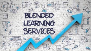 Blended Learning Services - Line Style Illustration with Hand Drawn Elements. Blended Learning Services Drawn on White Brick Wall. Illustration with Doodle Design Icons. 3d.