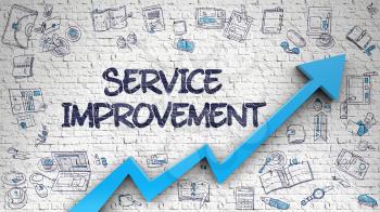 Service Improvement - Modern Line Style Illustration with Hand Drawn Elements. Service Improvement - Enhancement Concept. Inscription on White Wall with Doodle Design Icons Around. 3d.