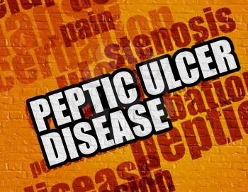 Medicine concept: Peptic Ulcer Disease - on Wall with Wordcloud Around . Peptic Ulcer Disease on the Yellow Brick Wall . 