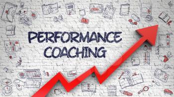 Brick Wall with Performance Coaching Inscription and Red Arrow. Enhancement Concept. Performance Coaching - Improvement Concept with Doodle Icons Around on Brick Wall Background. 3d.