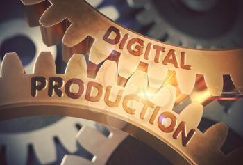 Digital Production on Mechanism of Golden Metallic Cogwheels with Glow Effect. Digital Production - Concept. 3D Rendering.