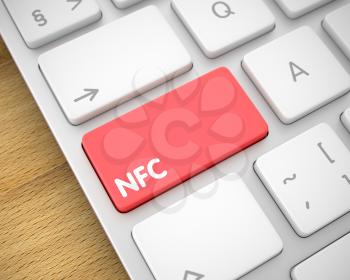 Service Concept: NFC on Modern Keyboard lying on Wood Background. Online Service Concept: NFC on the Modern Laptop Keyboard Background. 3D Illustration.