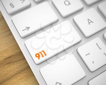 Business Concept: 911 on the Slim Aluminum Keyboard lying on the Wood Background. 3D Render.