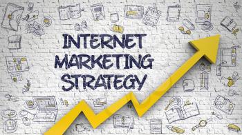 Internet Marketing Strategy - Modern Style Illustration with Doodle Elements. Internet Marketing Strategy - Enhancement Concept with Doodle Design Icons Around on White Brick Wall Background. 3D.