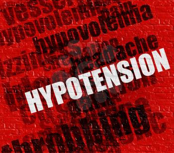Modern medicine concept: Hypotension - Low Blood Pressure on the Red Wall . Hypotension - Low Blood Pressure - on the Wall with Word Cloud Around . 