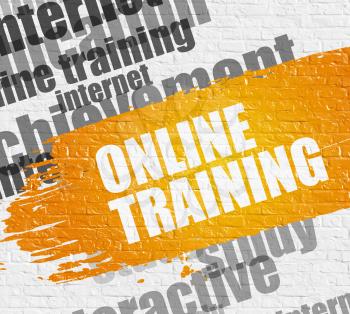 Business Education Concept: Online Training. Yellow Text on the White Brick Wall. Online Training - on the Brick Wall with Word Cloud Around. Modern Illustration. 