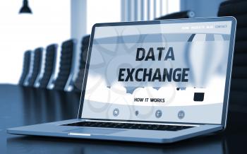 Closeup Data Exchange Concept on Landing Page of Laptop Screen in Modern Meeting Room. Blurred. Toned Image. 3D.