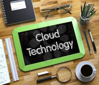 Cloud Technology. Business Concept Handwritten on Green Small Chalkboard. Top View Composition with Chalkboard and Office Supplies on Office Desk. Cloud Technology on Small Chalkboard. 3d Rendering.