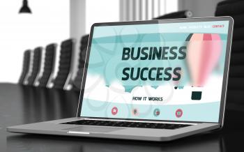 Business Success Concept. Closeup of Landing Page on Mobile Computer Display in Modern Meeting Room. Toned. Blurred Image. 3D Rendering.