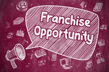 Business Concept. Horn Speaker with Phrase Franchise Opportunity. Cartoon Illustration on Red Chalkboard. 